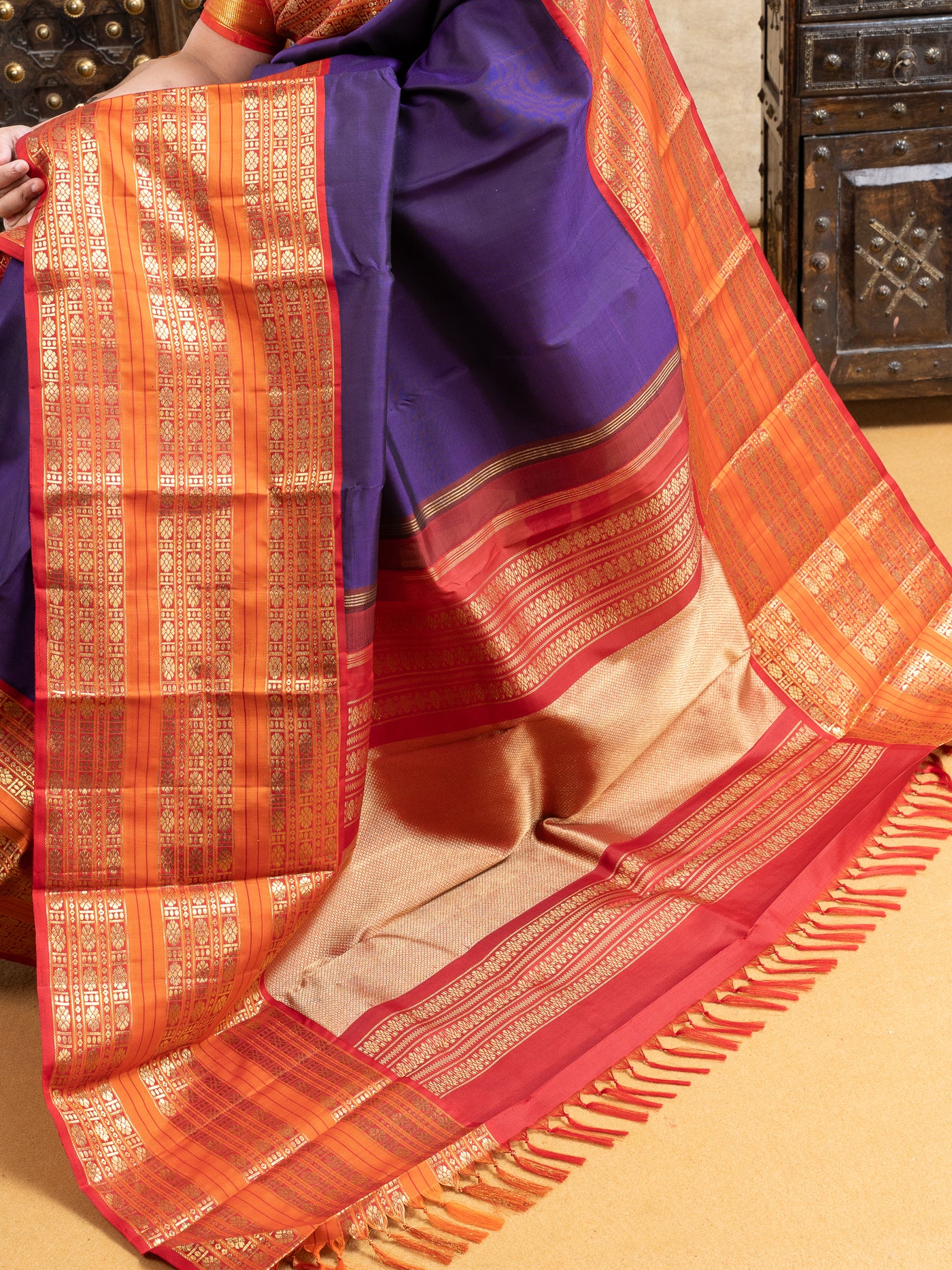 Aubergine Purple and Orange Pure Zari Kanchipuram Silk Saree