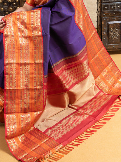 Aubergine Purple and Orange Pure Zari Kanchipuram Silk Saree