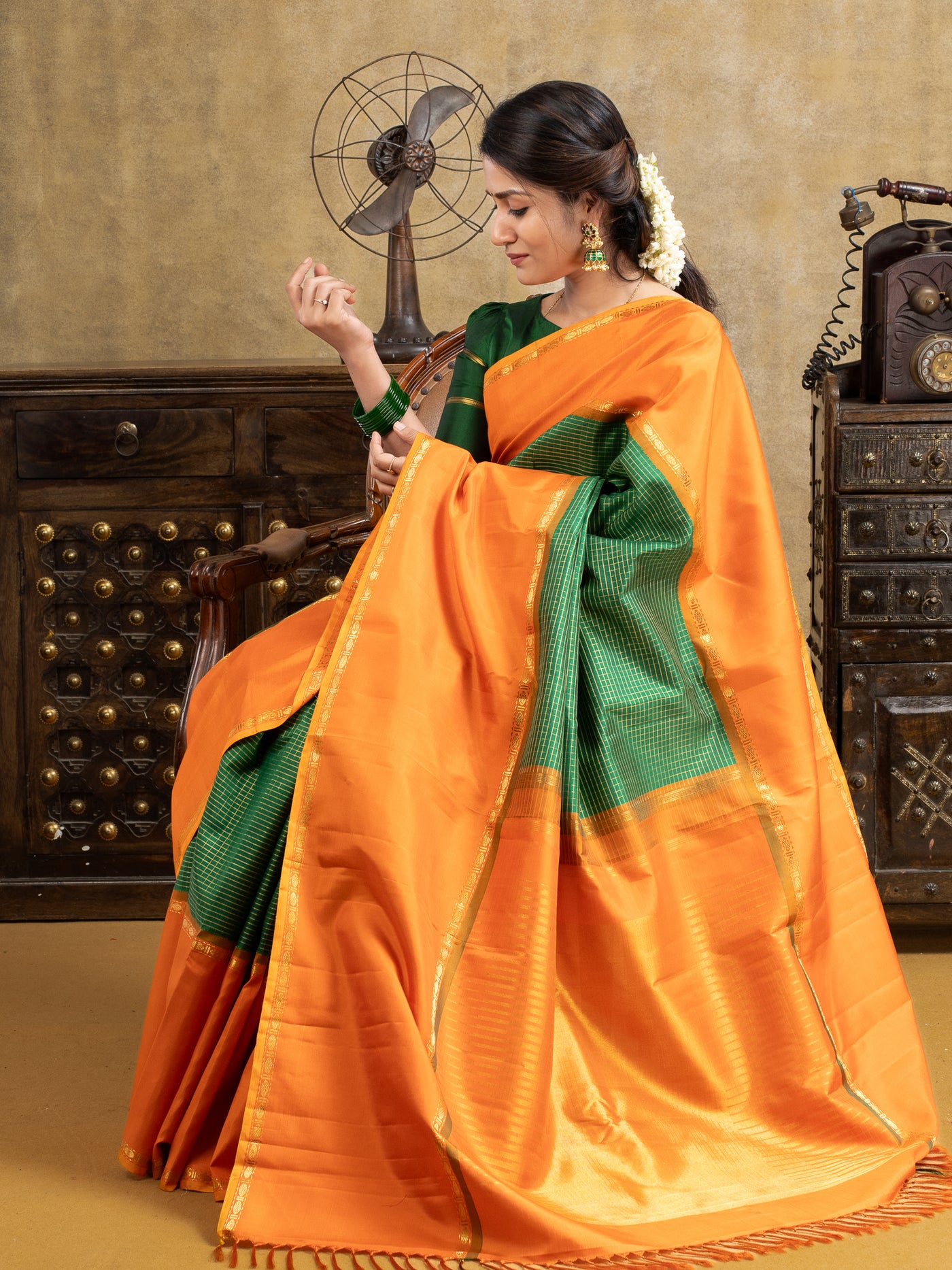 Bottle Green and Orange Pure Zari Checks Kanchipuram Silk Saree