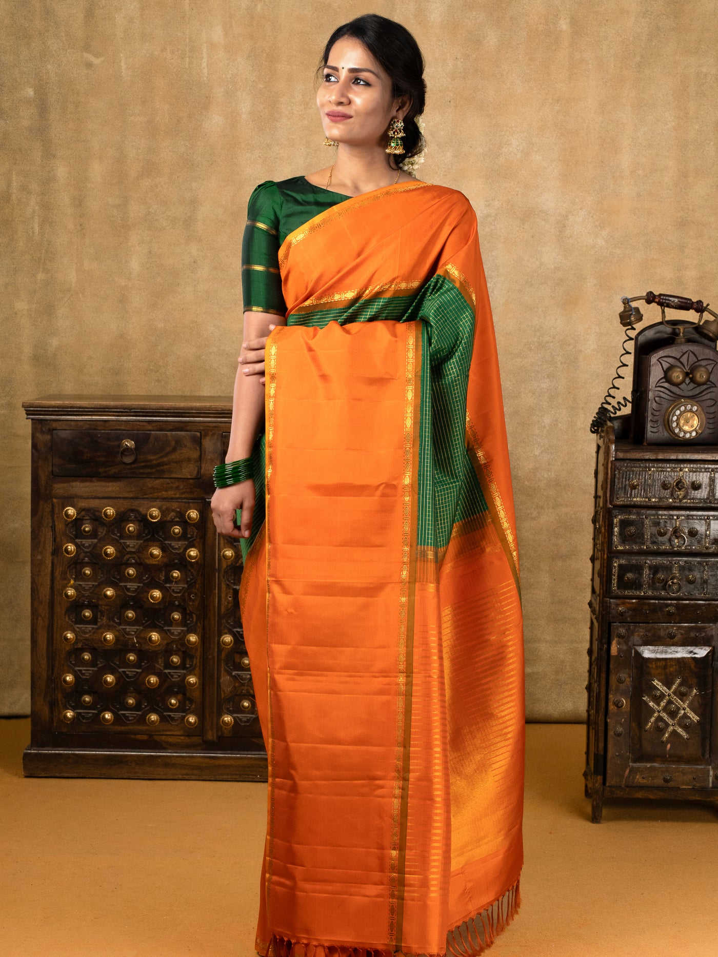 Bottle Green and Orange Pure Zari Checks Kanchipuram Silk Saree