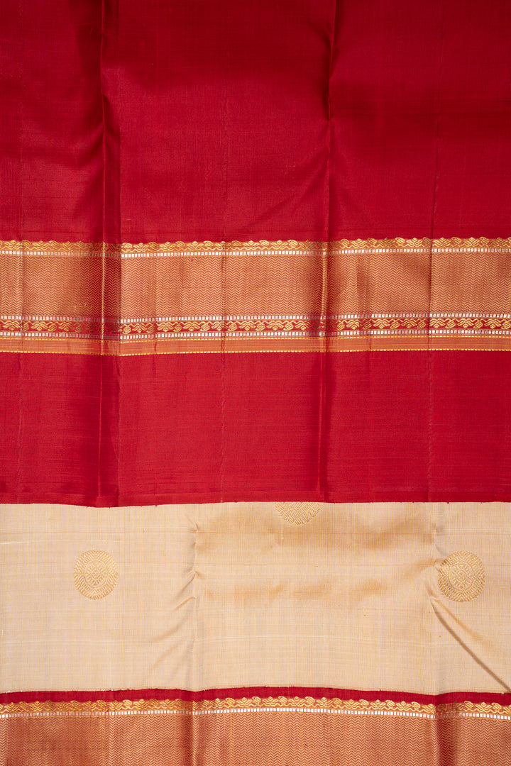 Beige and Red Pure Zari Kanchipuram Silk Saree - Clio Silks