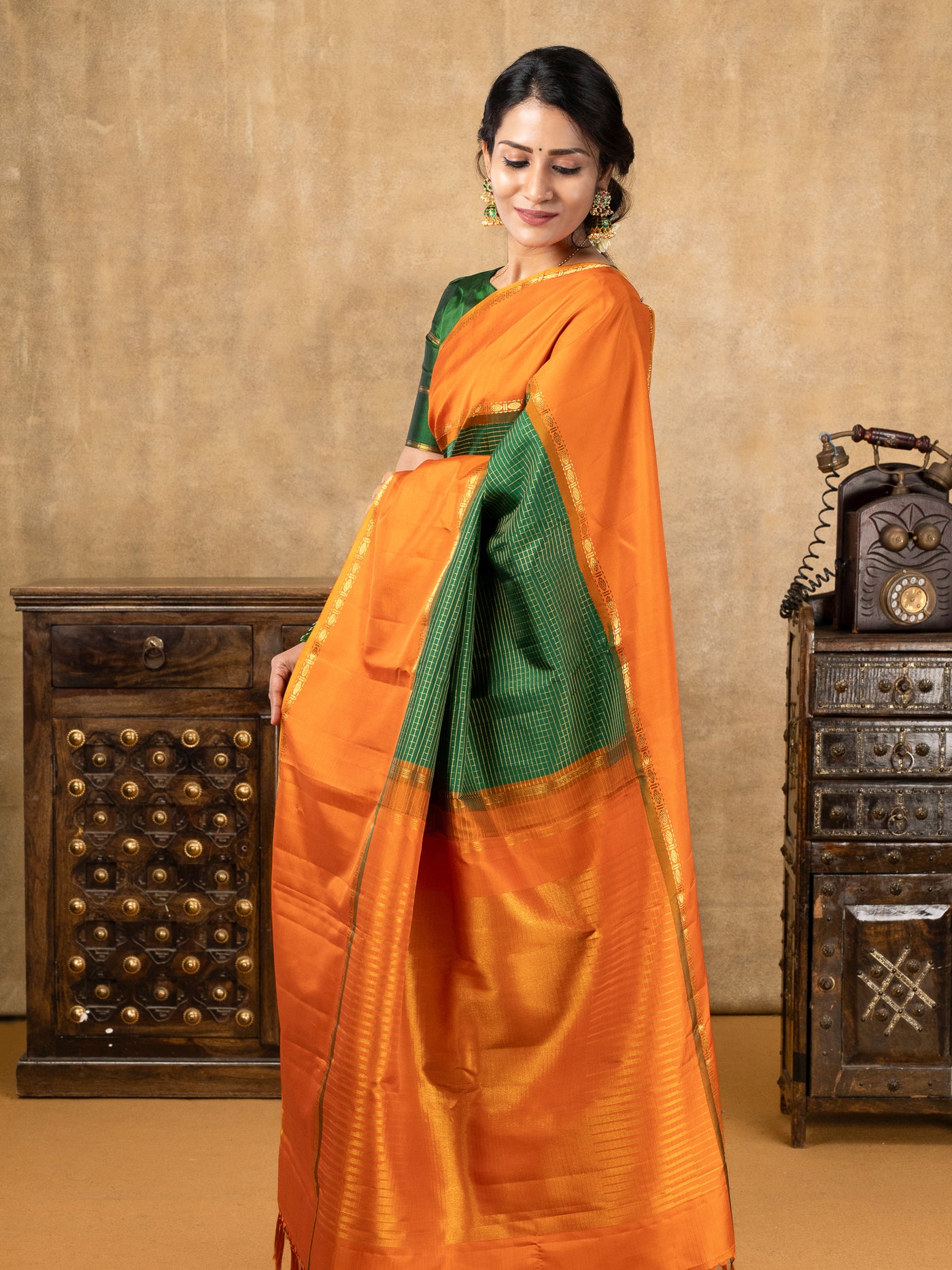 Bottle Green and Orange Pure Zari Checks Kanchipuram Silk Saree