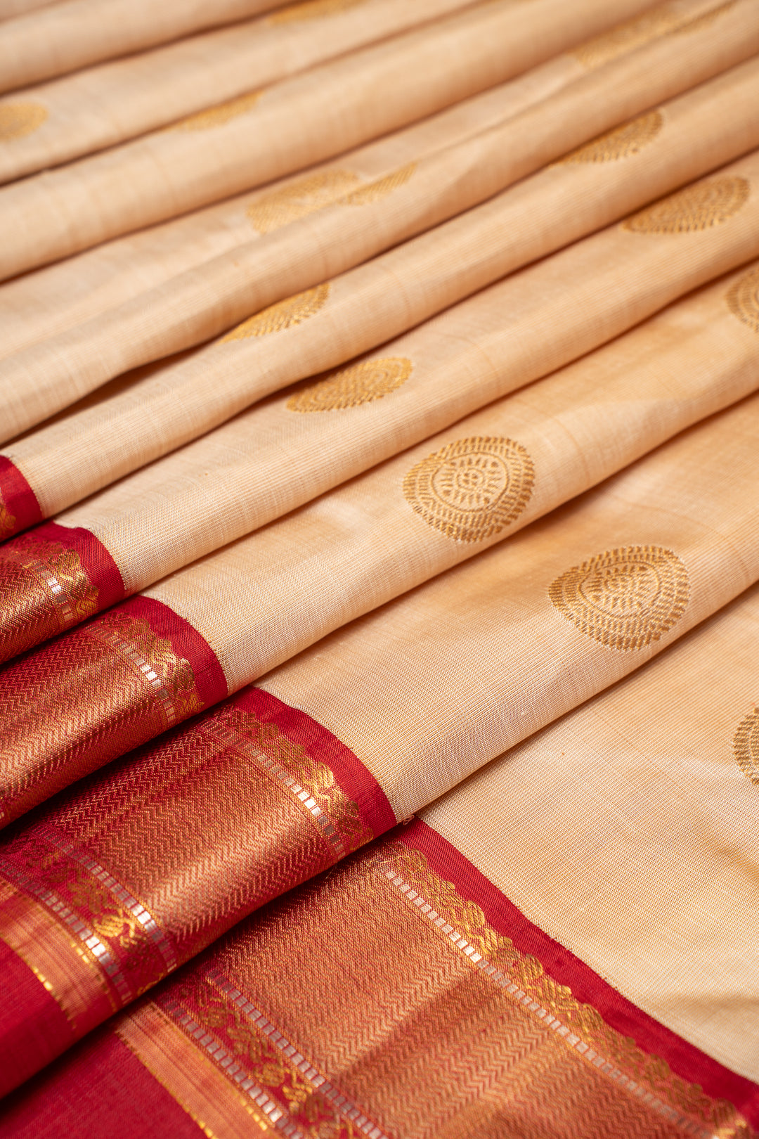 Beige and Red Pure Zari Kanchipuram Silk Saree - Clio Silks