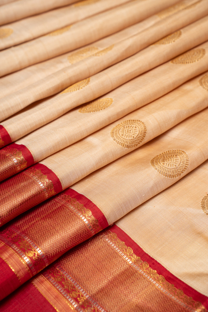 Beige and Red Pure Zari Kanchipuram Silk Saree - Clio Silks