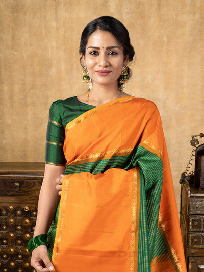 Bottle Green and Orange Pure Zari Checks Kanchipuram Silk Saree