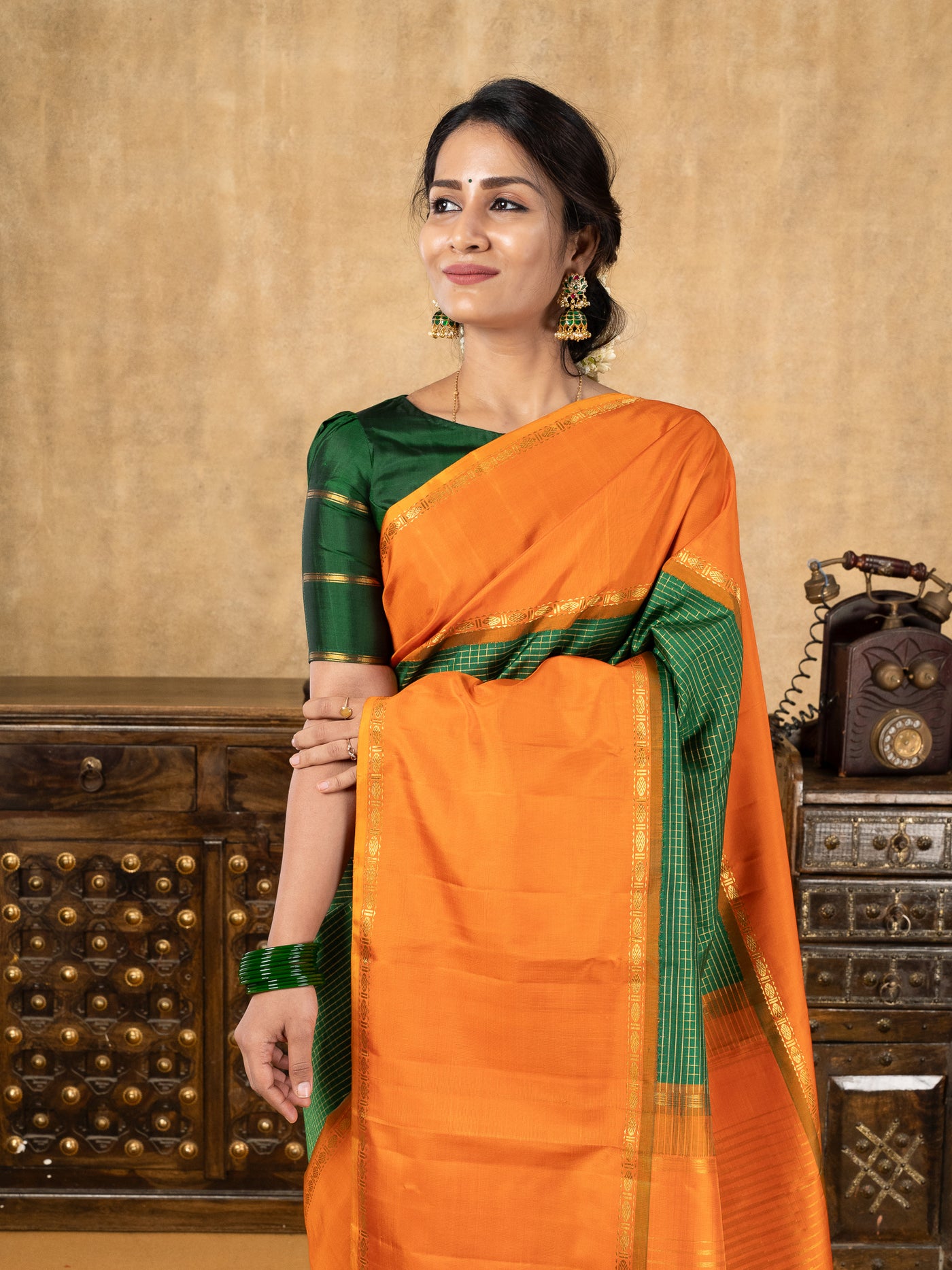 Bottle Green and Orange Pure Zari Checks Kanchipuram Silk Saree