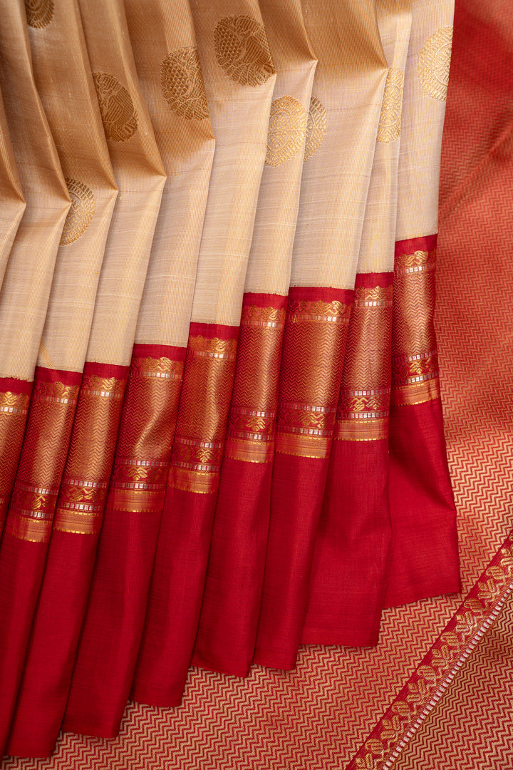 Beige and Red Pure Zari Kanchipuram Silk Saree - Clio Silks