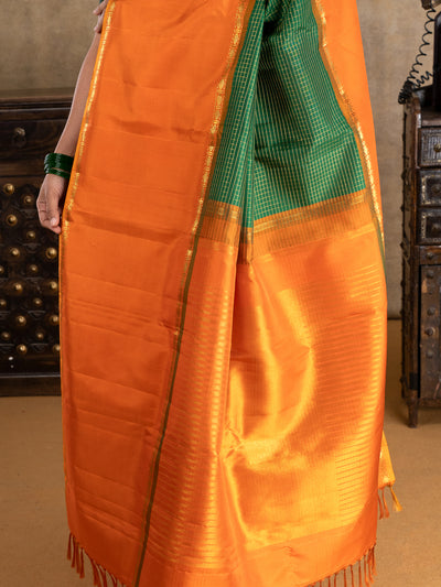 Bottle Green and Orange Pure Zari Checks Kanchipuram Silk Saree