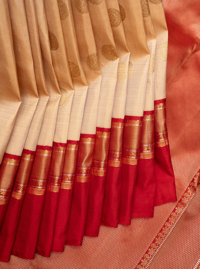 Beige and Red Pure Zari Kanchipuram Silk Saree - Clio Silks