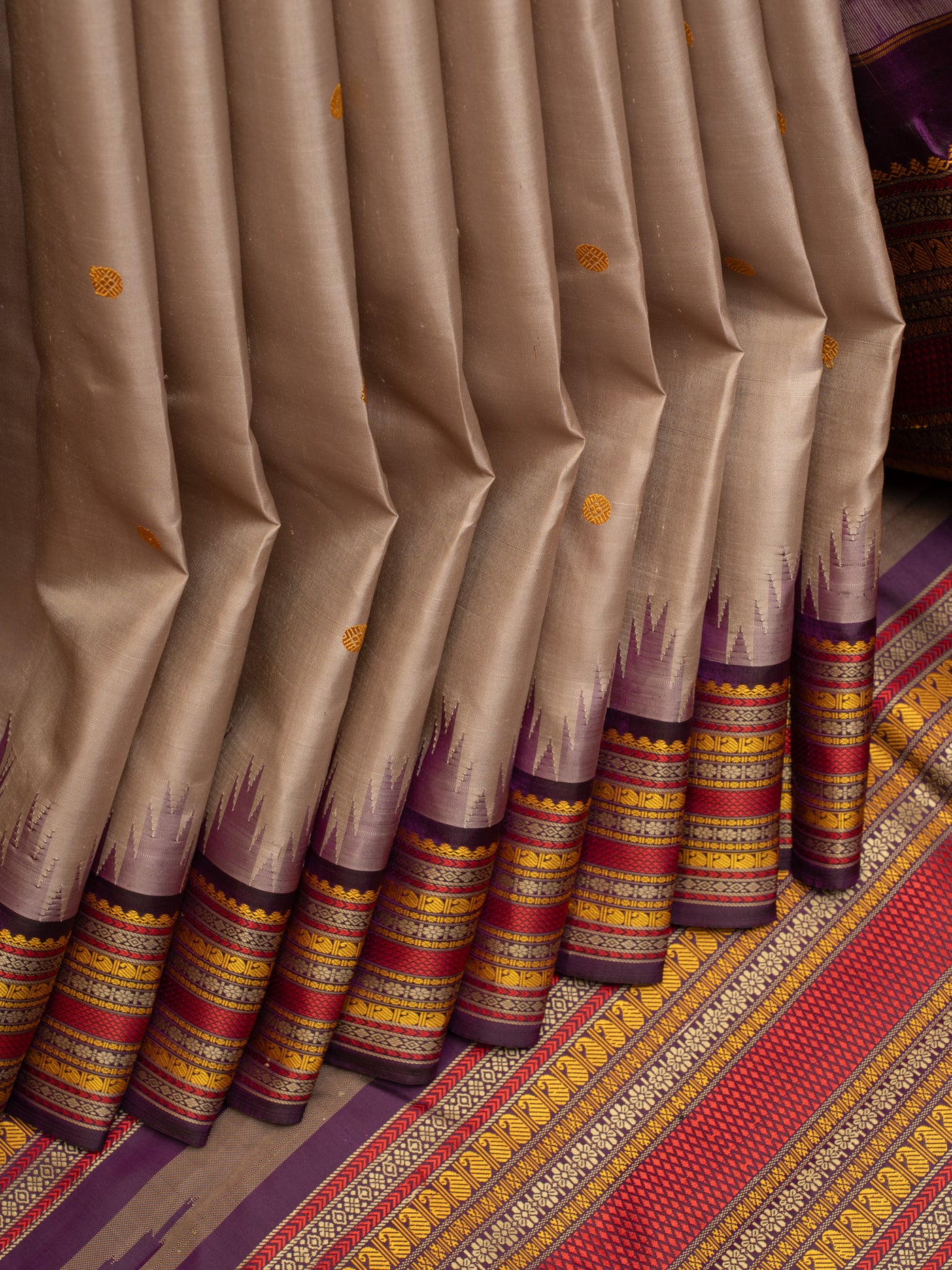 Beige and purple pattu pettu without zari kanjivaram silk saree