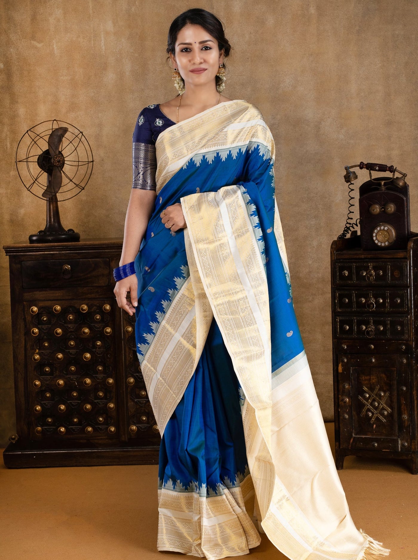 Peacock Blue and Ivory Pure Kanchipuram Silk Saree