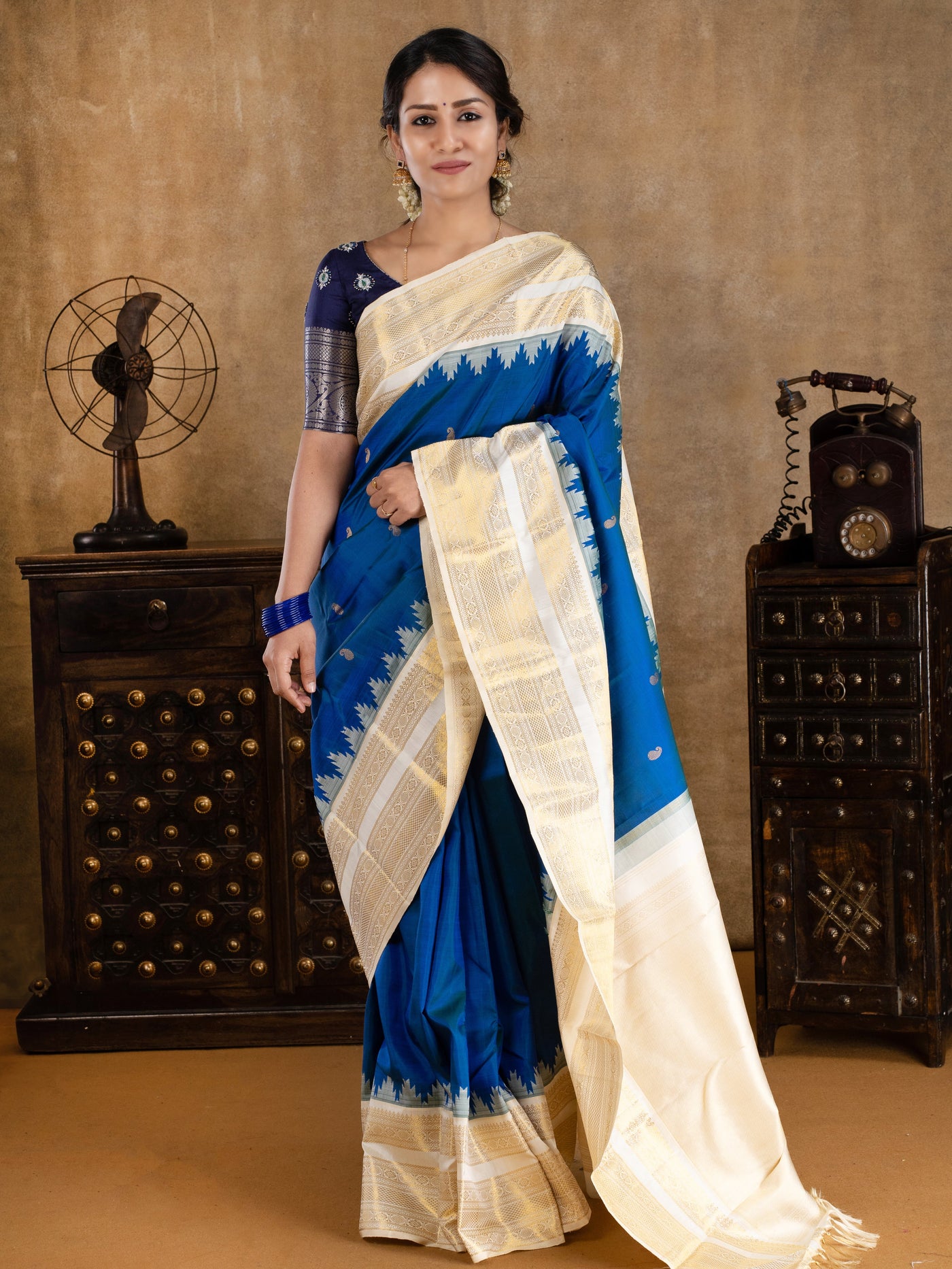 Peacock Blue and Ivory Pure Kanchipuram Silk Saree