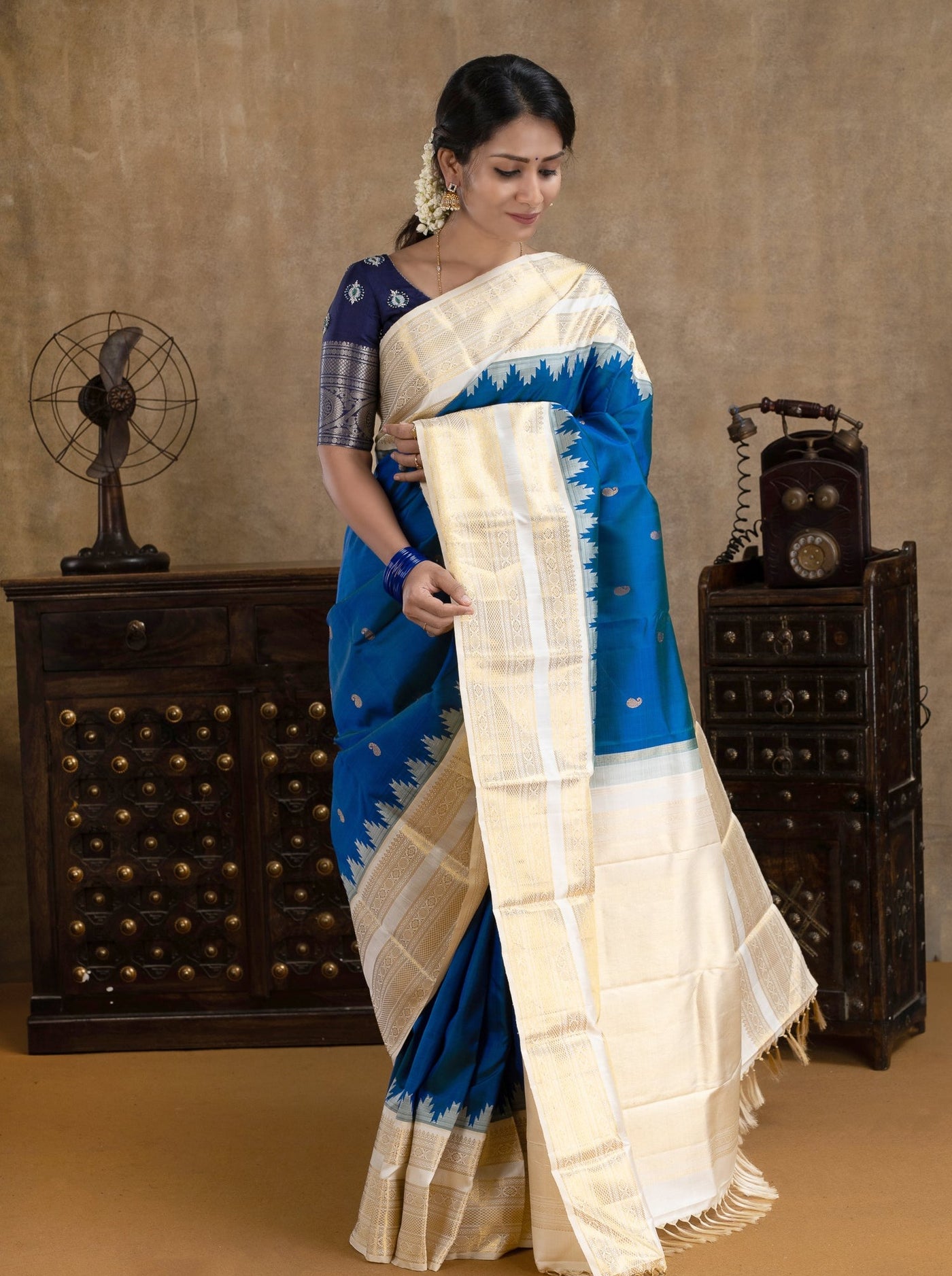 Peacock Blue and Ivory Pure Kanchipuram Silk Saree