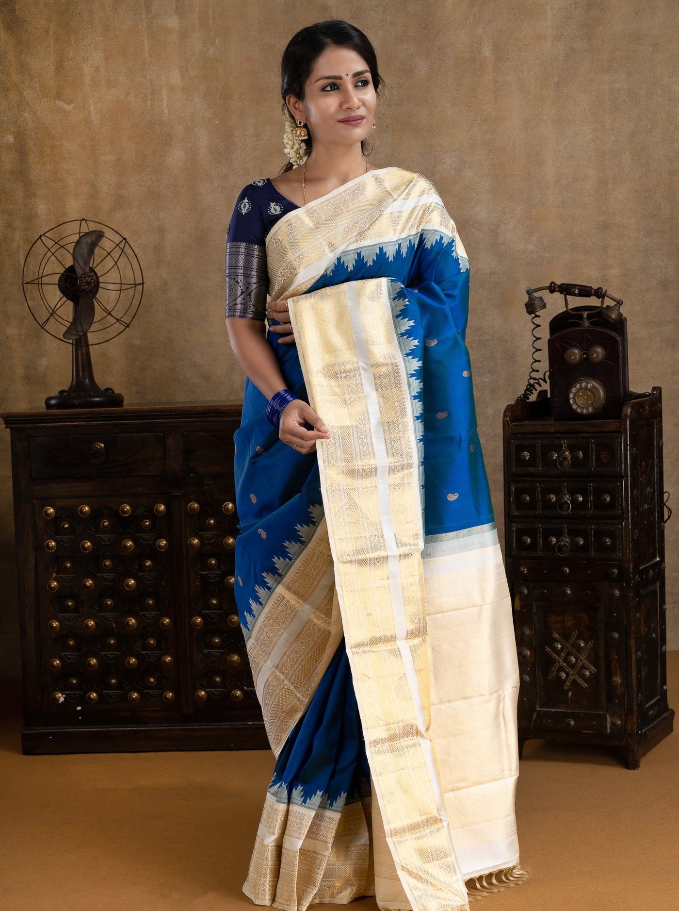 Peacock Blue and Ivory Pure Kanchipuram Silk Saree