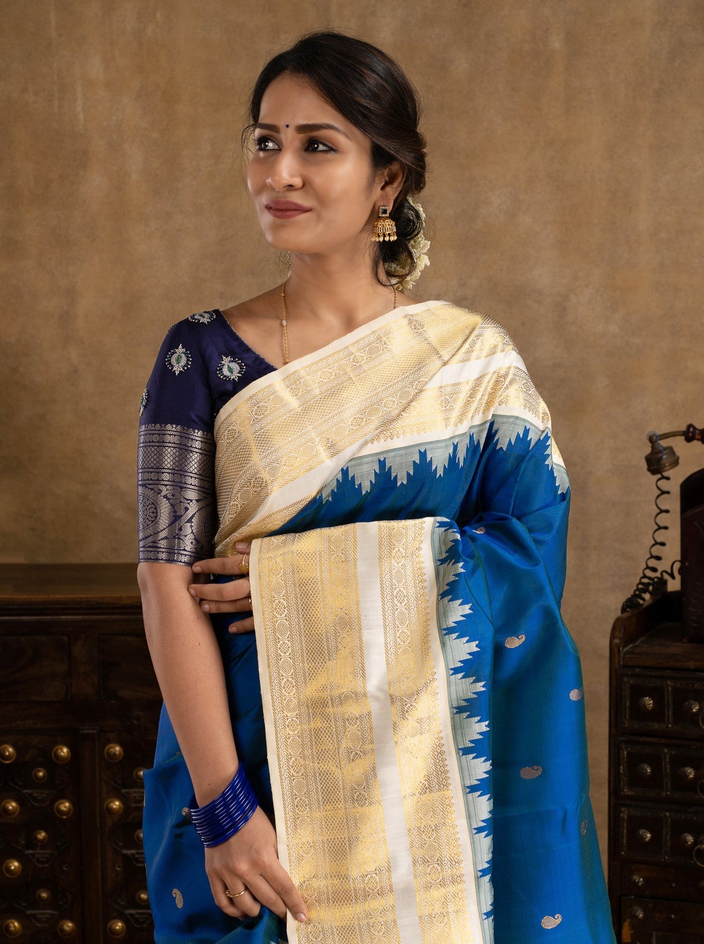 Peacock Blue and Ivory Pure Kanchipuram Silk Saree