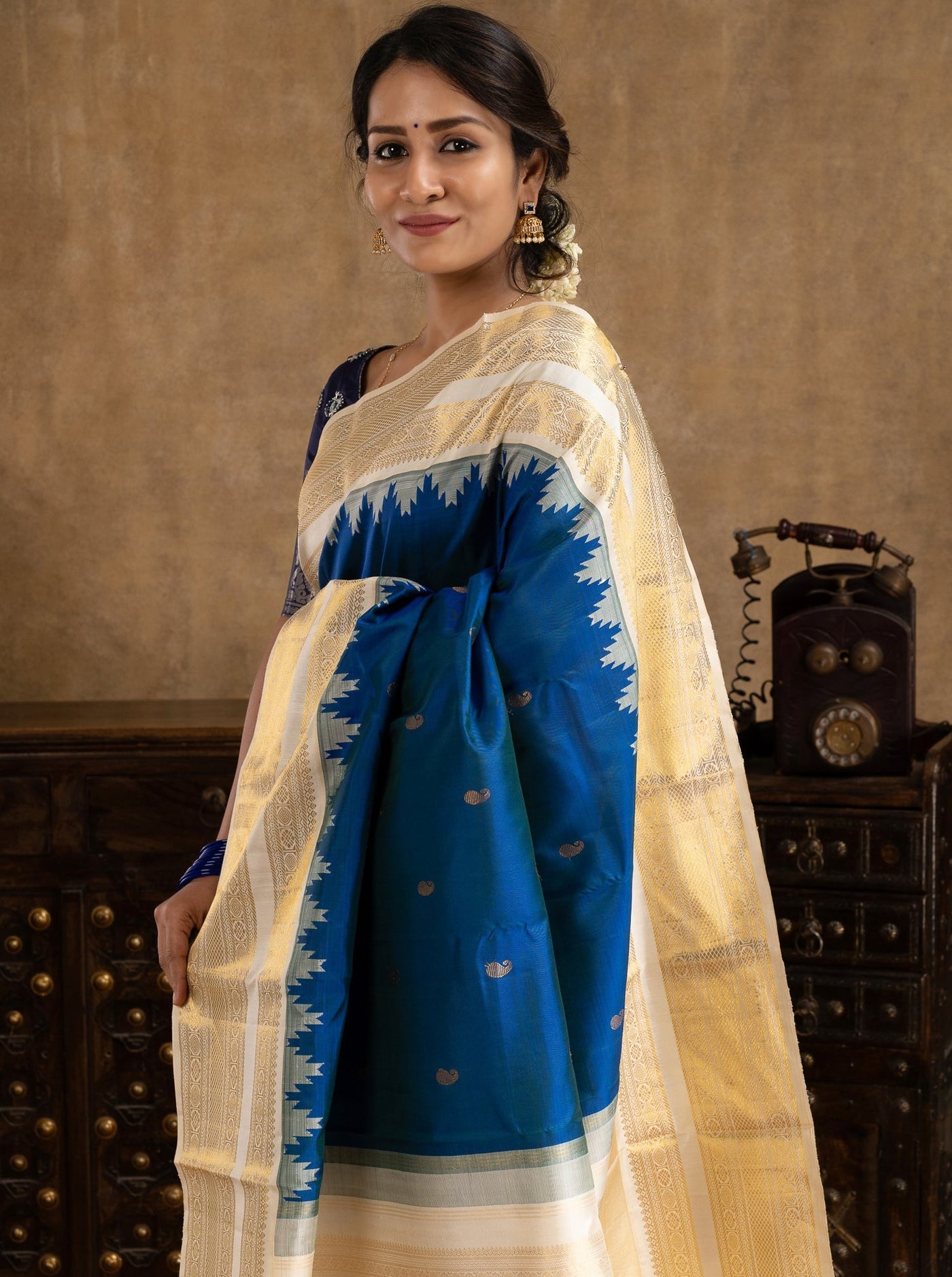 Peacock Blue and Ivory Pure Kanchipuram Silk Saree