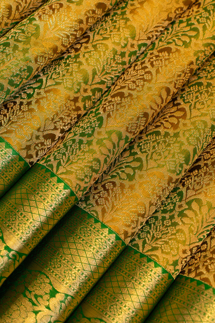 Mustard green ombré shaded brocade pure Kanchipuram silk saree