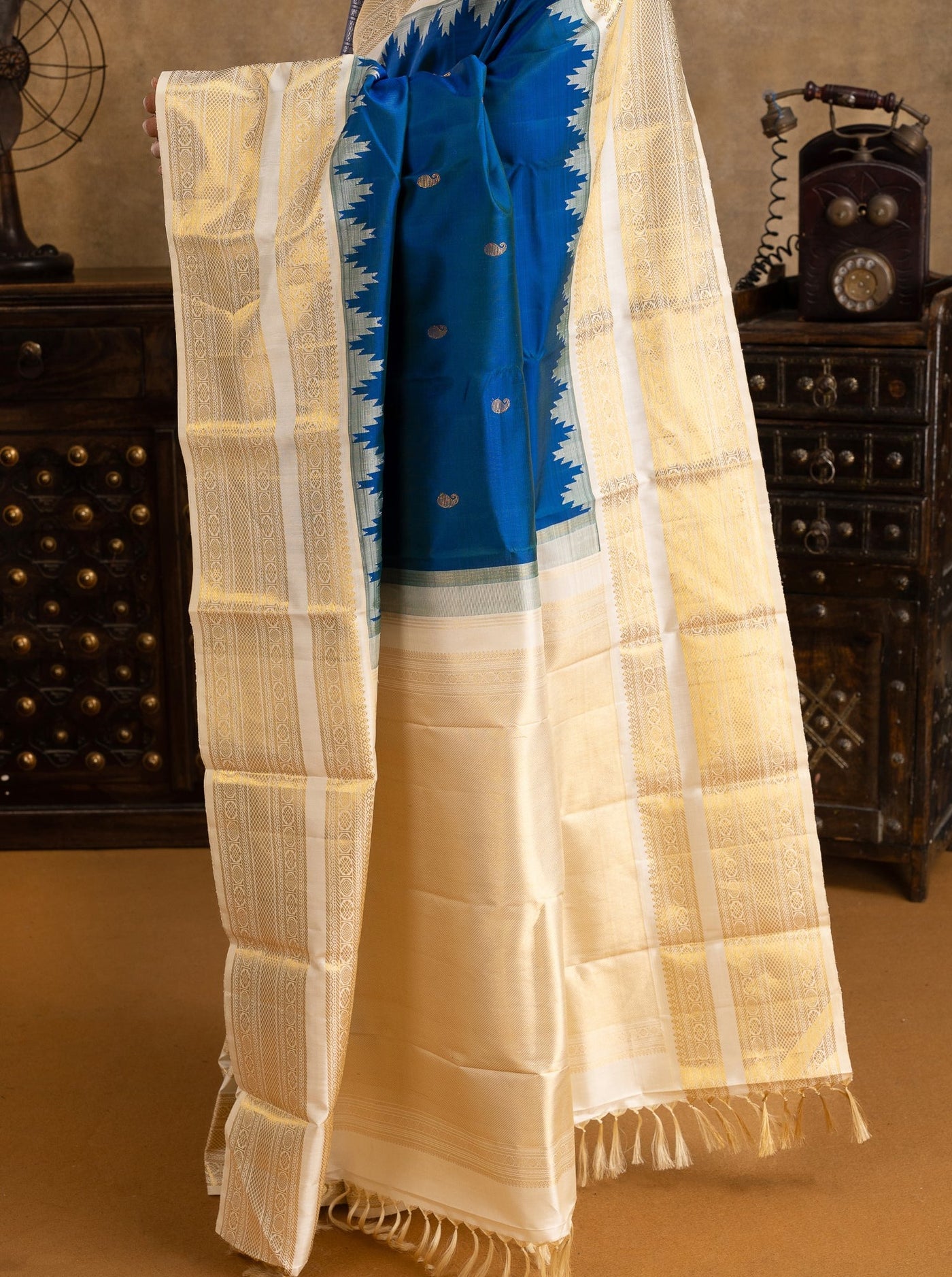 Peacock Blue and Ivory Pure Kanchipuram Silk Saree