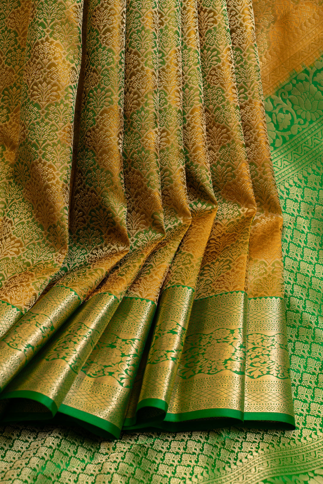 Mustard green ombré shaded brocade pure Kanchipuram silk saree