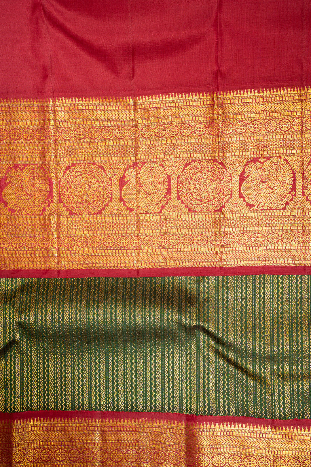 Bottle Green and Red Pure Kanchipuram Silk Saree - Clio Silks