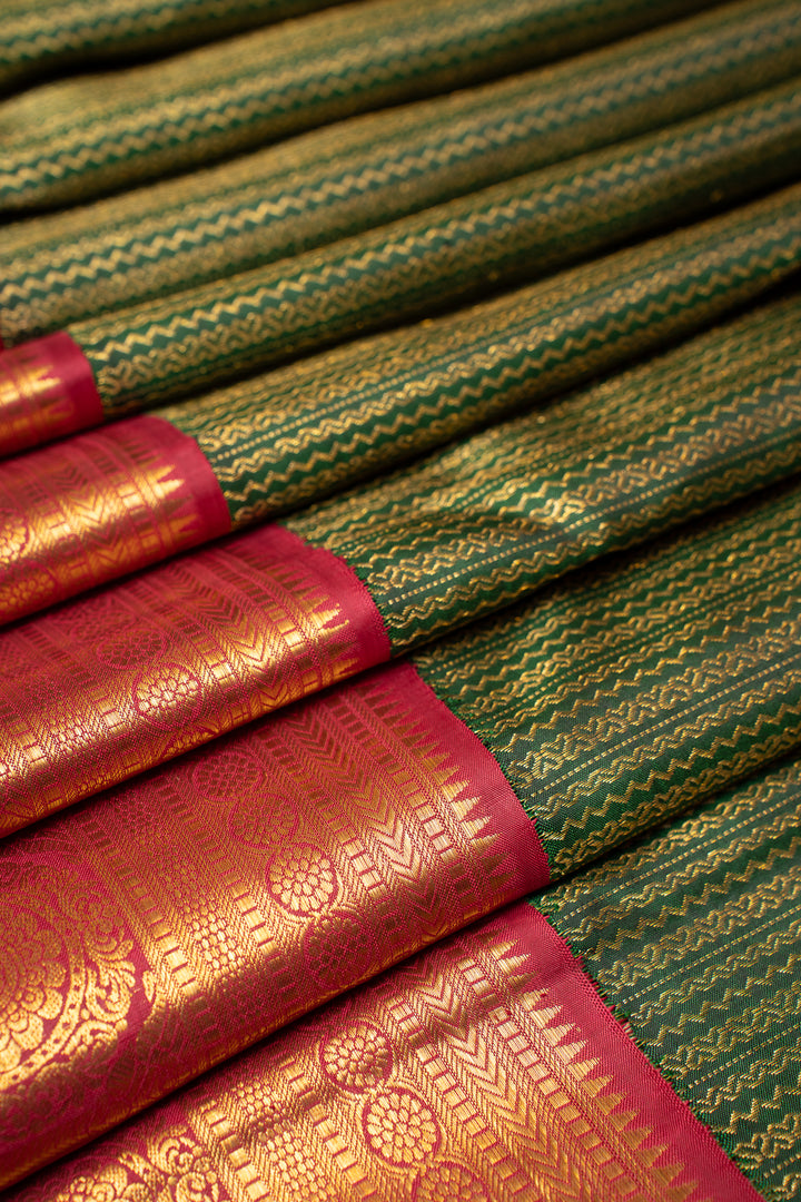 Bottle Green and Red Pure Kanchipuram Silk Saree - Clio Silks