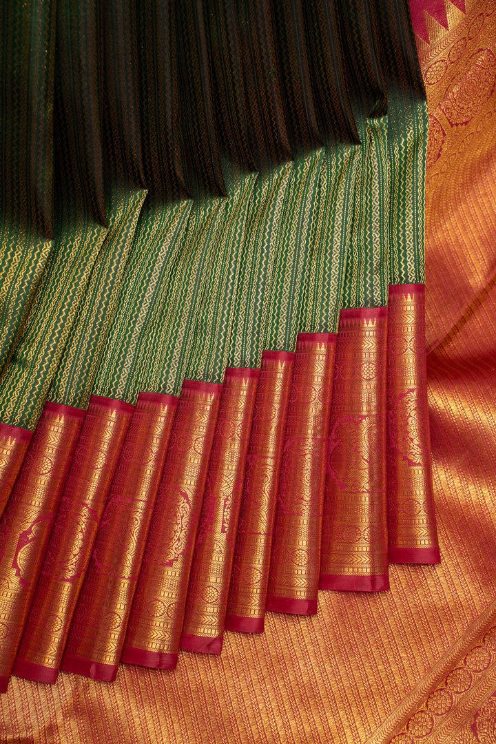 Bottle Green and Red Pure Kanchipuram Silk Saree - Clio Silks