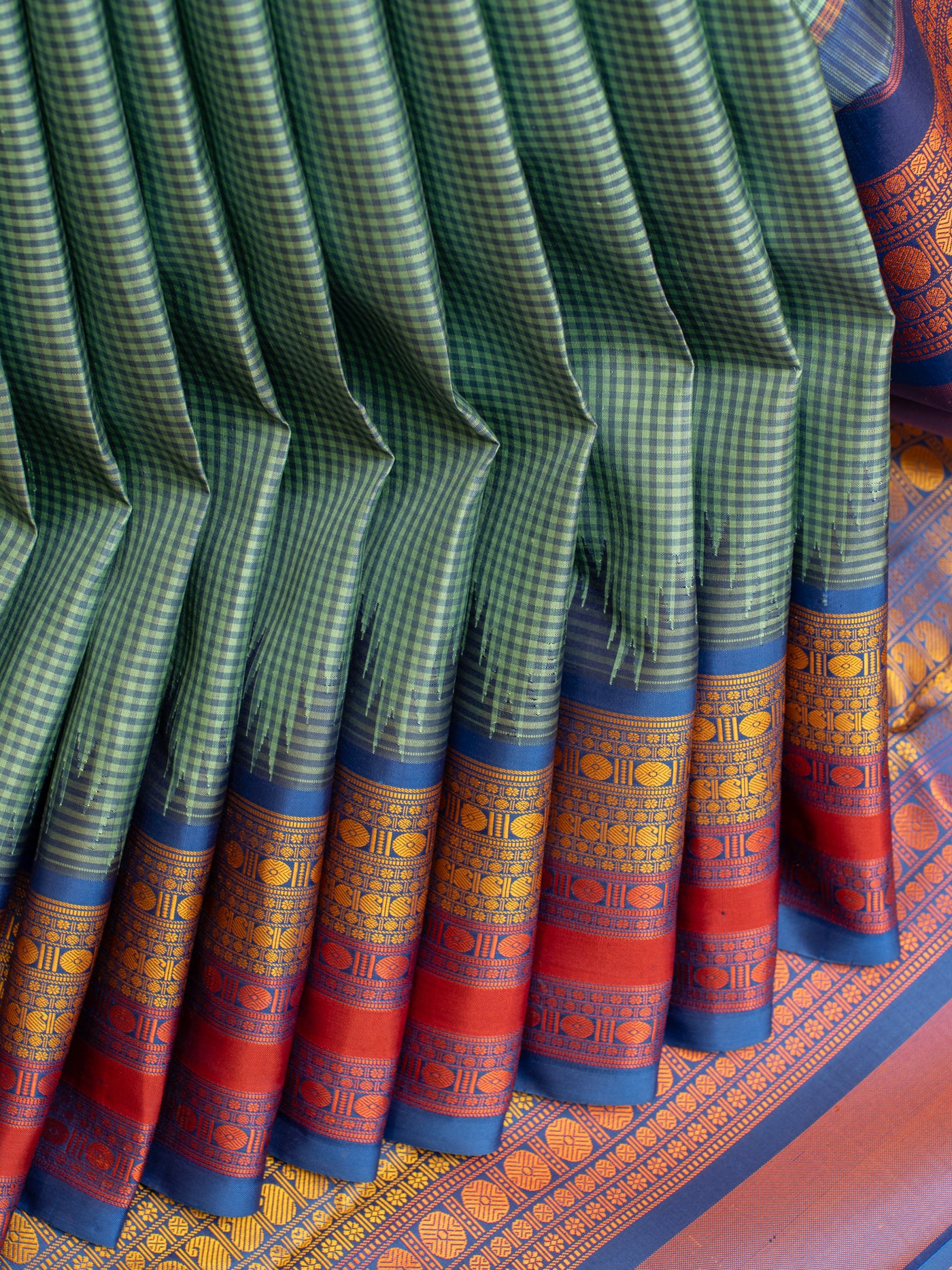 Peacock Green checks pattu pettu without zari kanjivaram silk saree