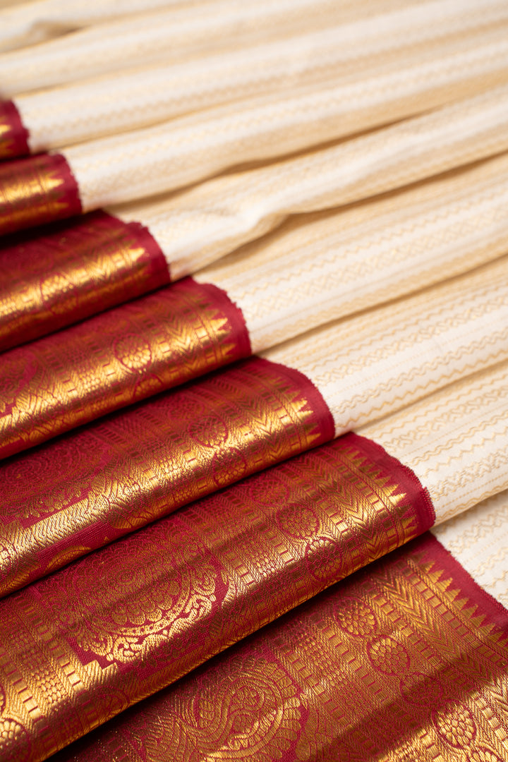 Ivory and Maroon Pure Kanchipuram Silk Saree - Clio Silks