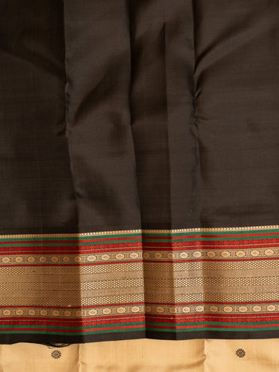 Beige and black without zari pure Kanchipuram silk saree