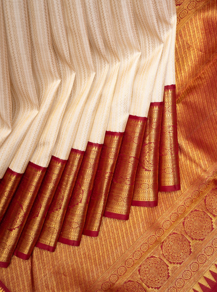 Ivory and Maroon Pure Kanchipuram Silk Saree - Clio Silks