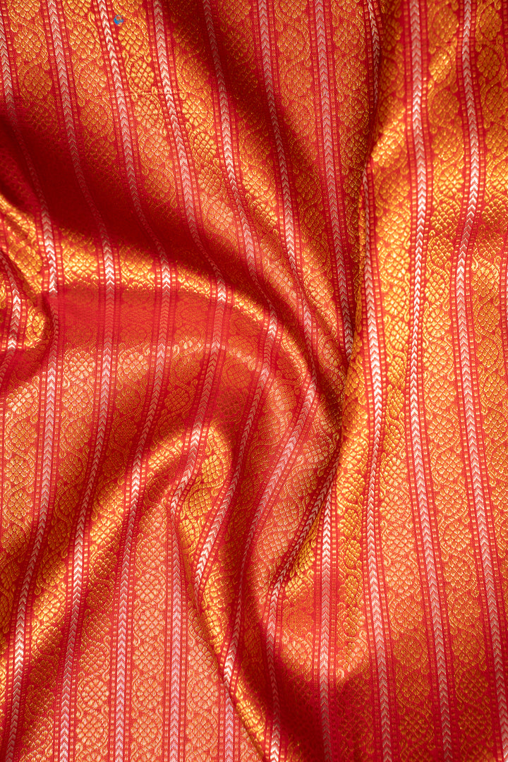 Red and Gold Zari Brocade Pure Kanchipuram Silk Saree - Clio Silks