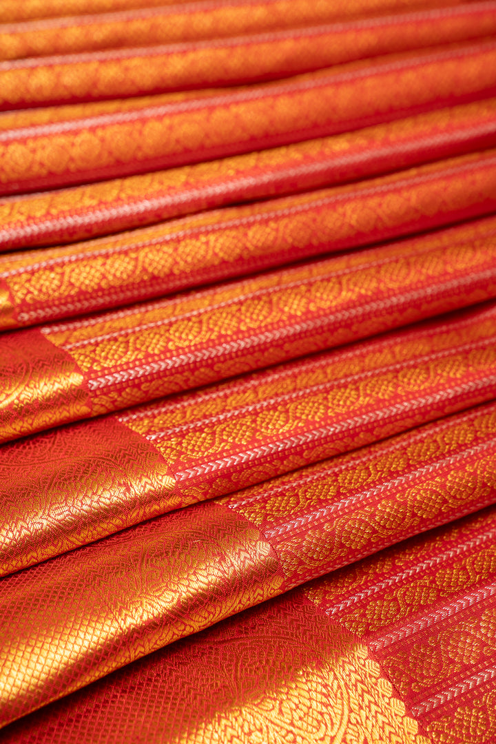 Red and Gold Zari Brocade Pure Kanchipuram Silk Saree - Clio Silks