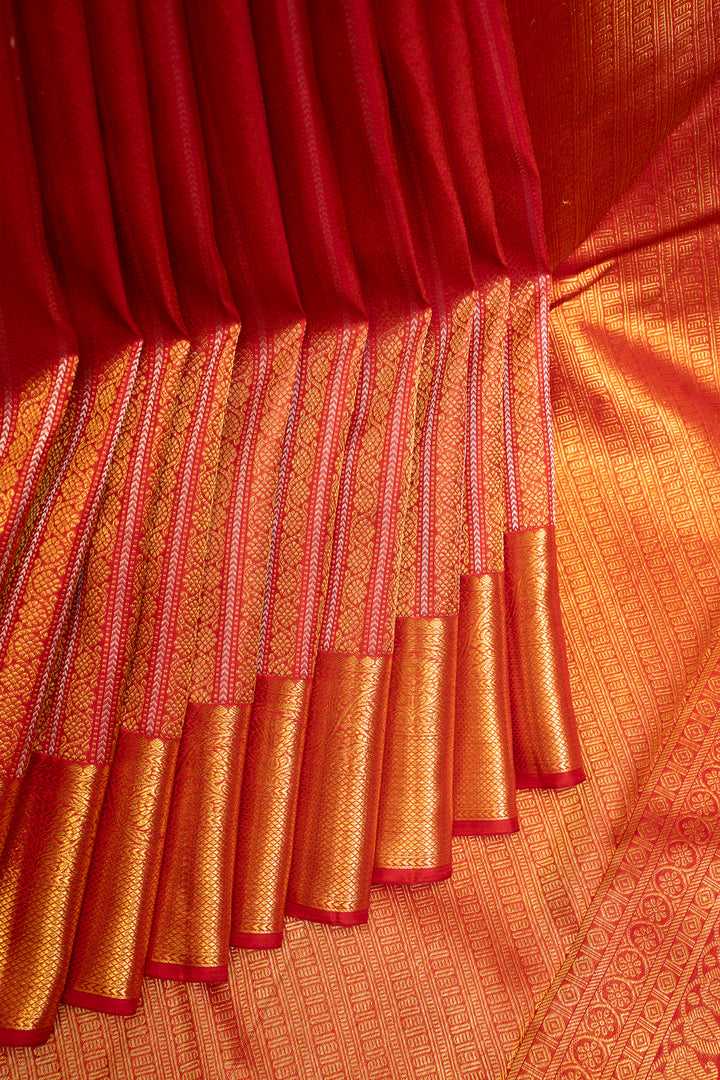 Red and Gold Zari Brocade Pure Kanchipuram Silk Saree - Clio Silks