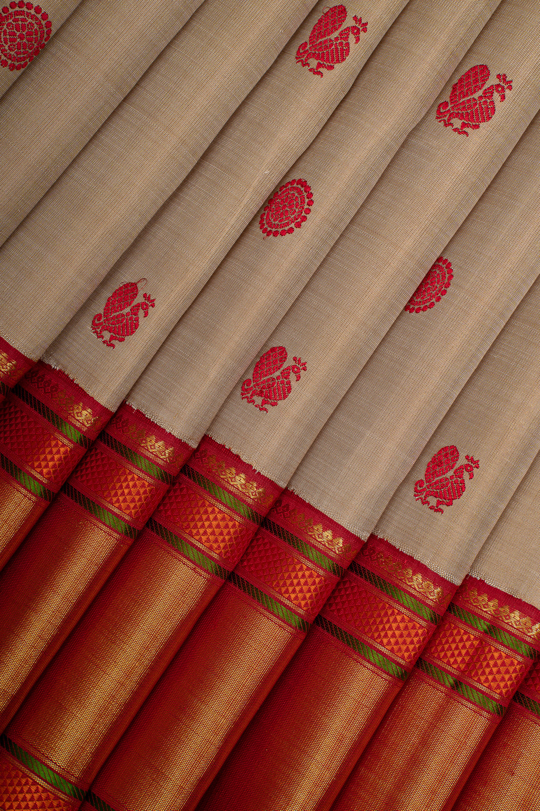 Khaki and Red Pure Kanchipuram Silk Saree