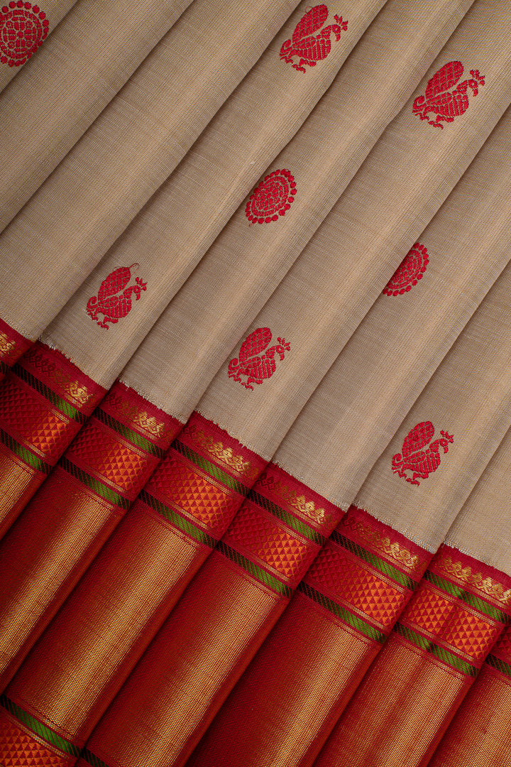 Khaki and Red Pure Kanchipuram Silk Saree