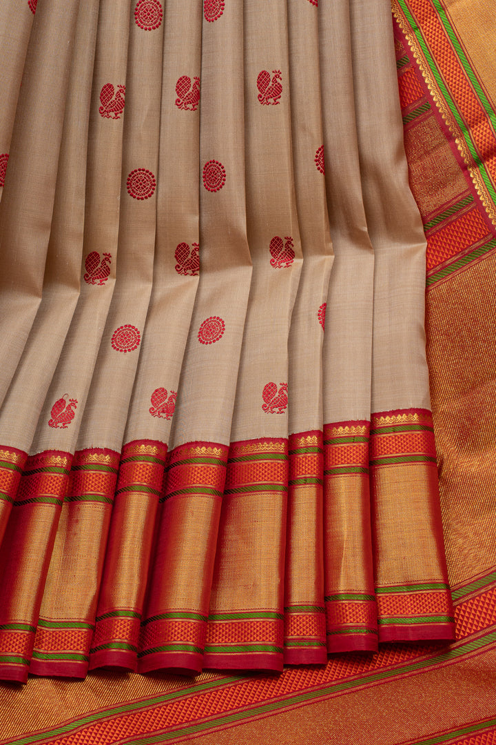 Khaki and Red Pure Kanchipuram Silk Saree