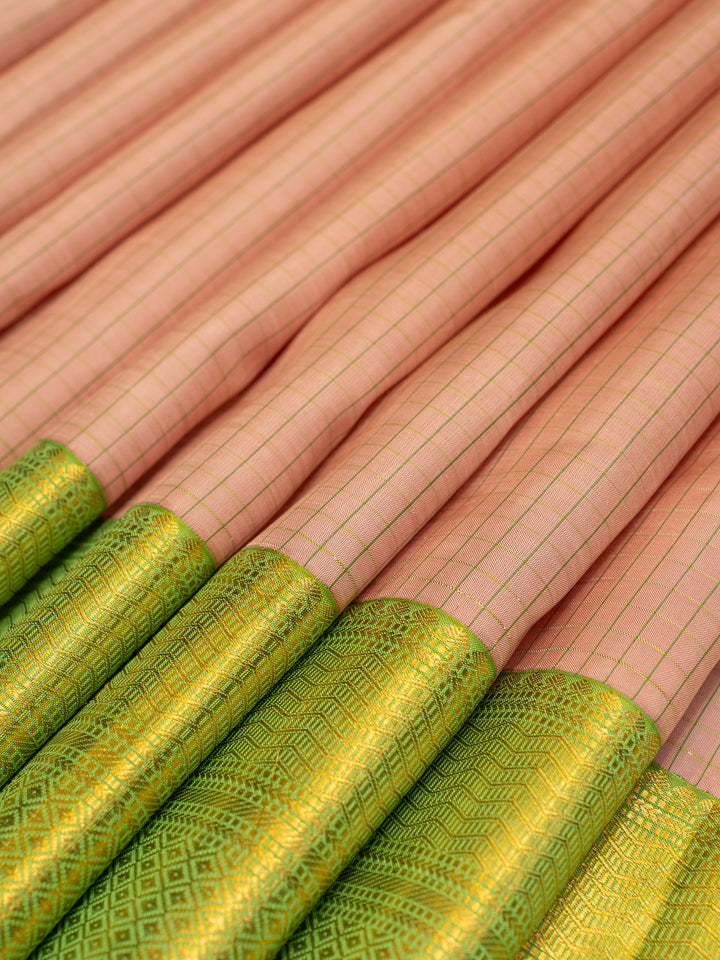 Pastel Pink Checks and Green Pure Kanchipuram Silk Saree