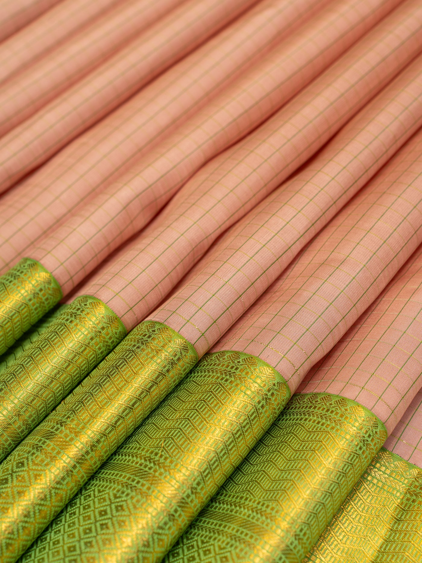 Pastel Pink Checks and Green Pure Kanchipuram Silk Saree