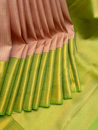 Pastel Pink Checks and Green Pure Kanchipuram Silk Saree