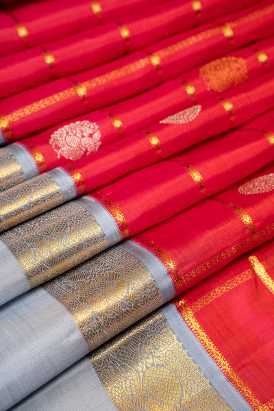 Red and Grey Checks Pure Kanchipuram Silk Saree - Clio Silks
