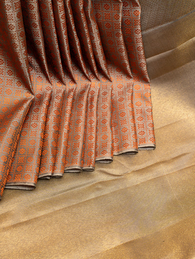 Rust and Grey Thread Brocade Borderless Pure Kanchipuram Silk Saree