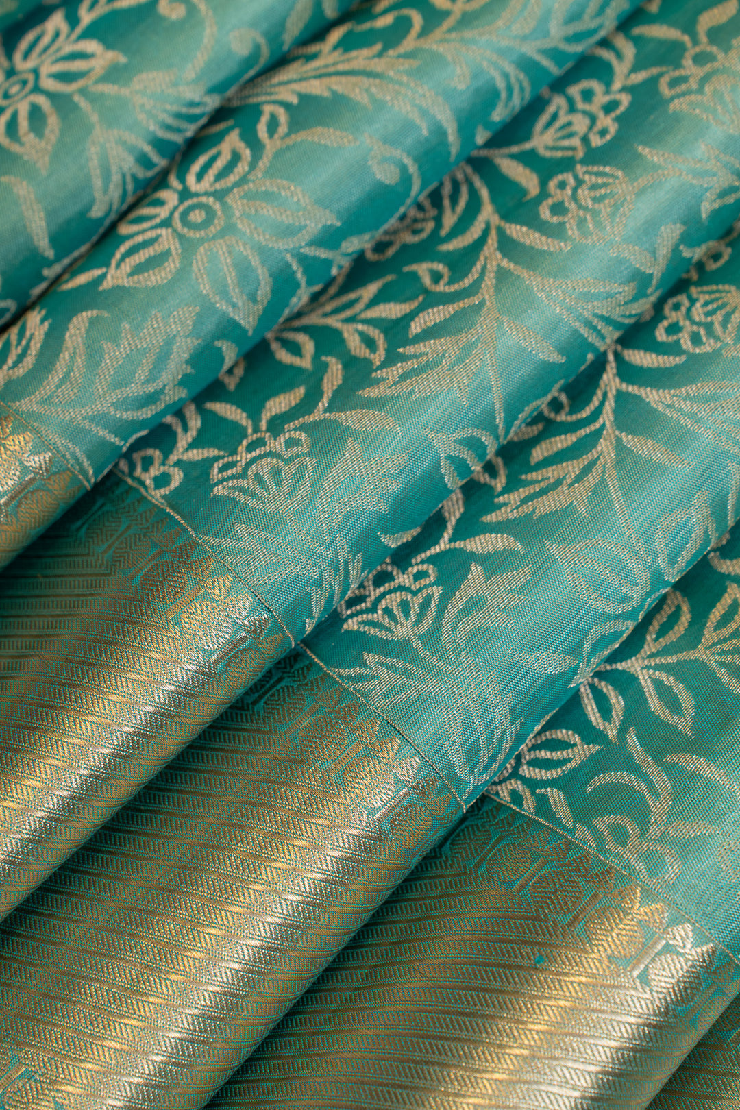 Cyan blue floral brocade pure Kanchipuram silk saree