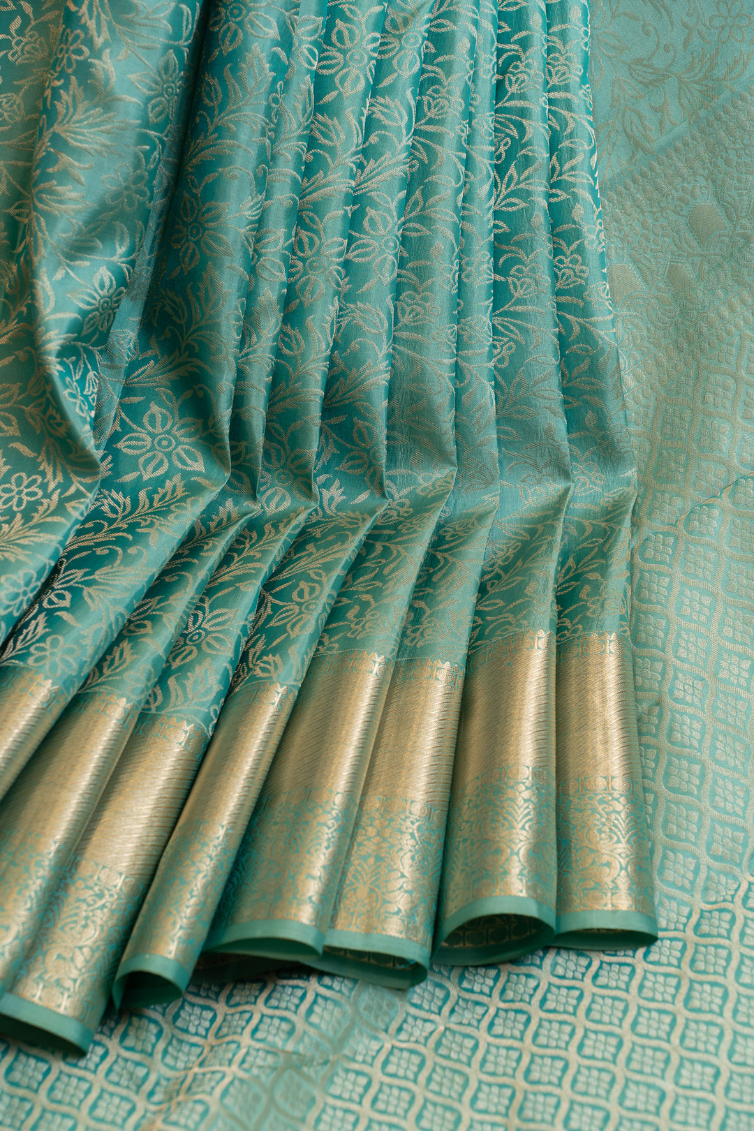 Cyan blue floral brocade pure Kanchipuram silk saree