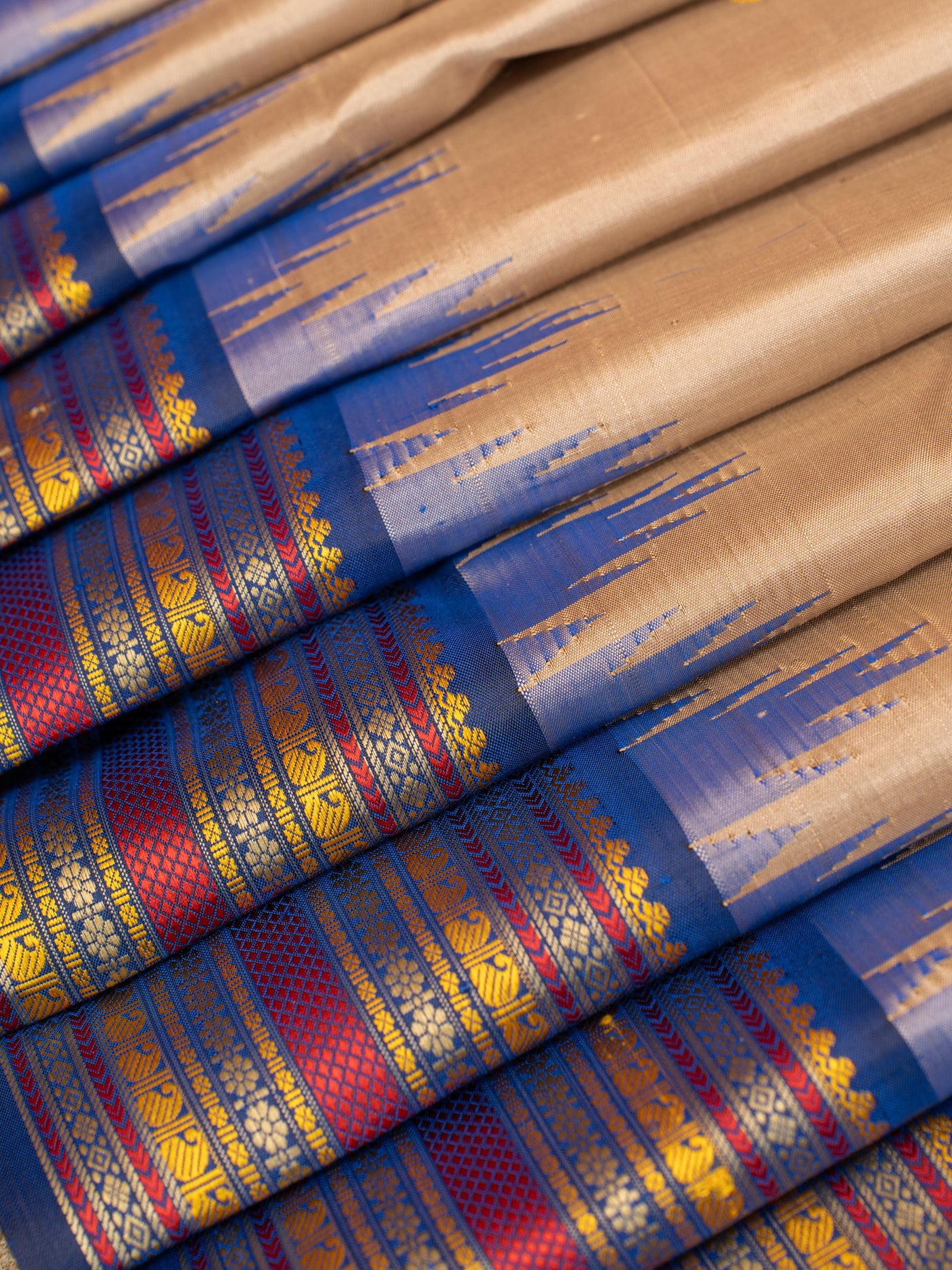 Beige and blue without zari pure Kanchipuram silk saree