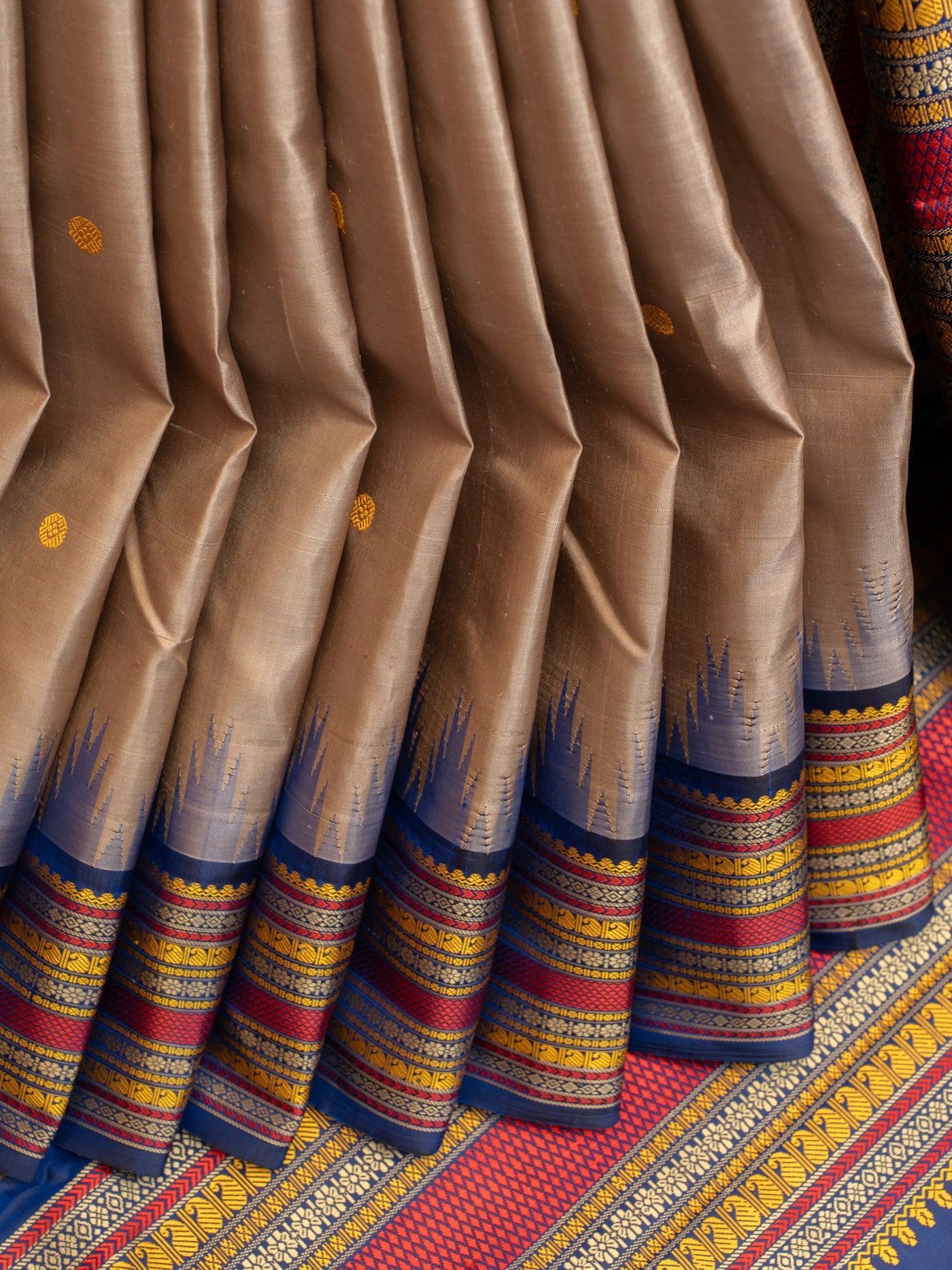 Beige and blue without zari pure Kanchipuram silk saree