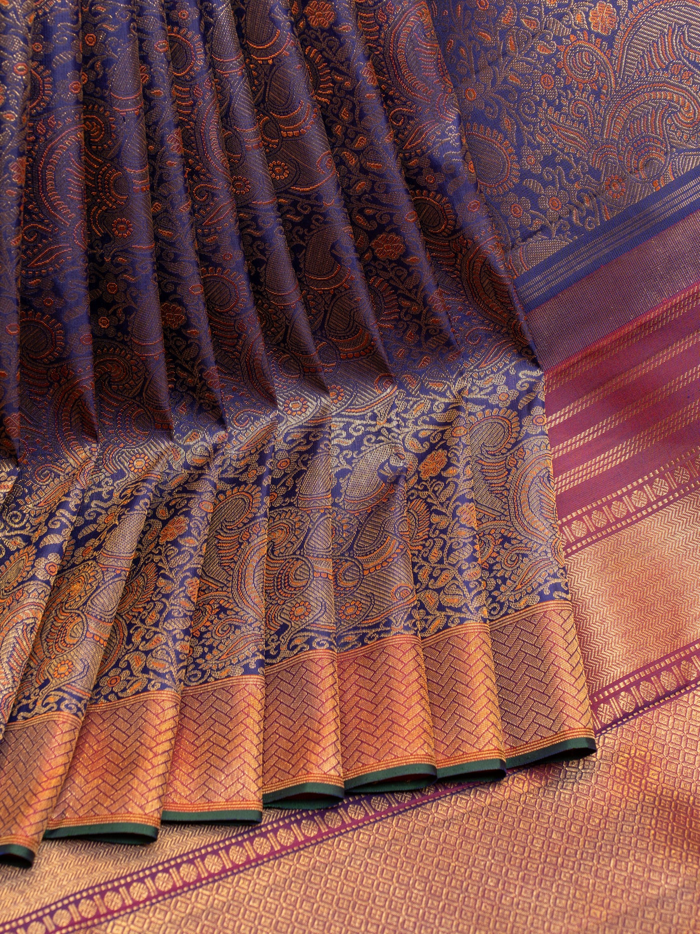 Royal blue Kalamkari brocade pure zari Kanchipuram silk saree