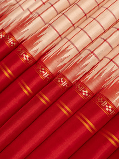 Cream and red checks without zari pure Kanchipuram silk saree