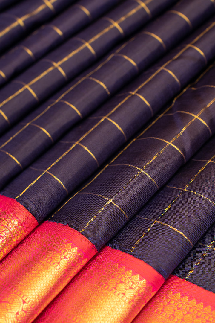 Navy Blue and Peach Pure Kanchipuram Silk Saree