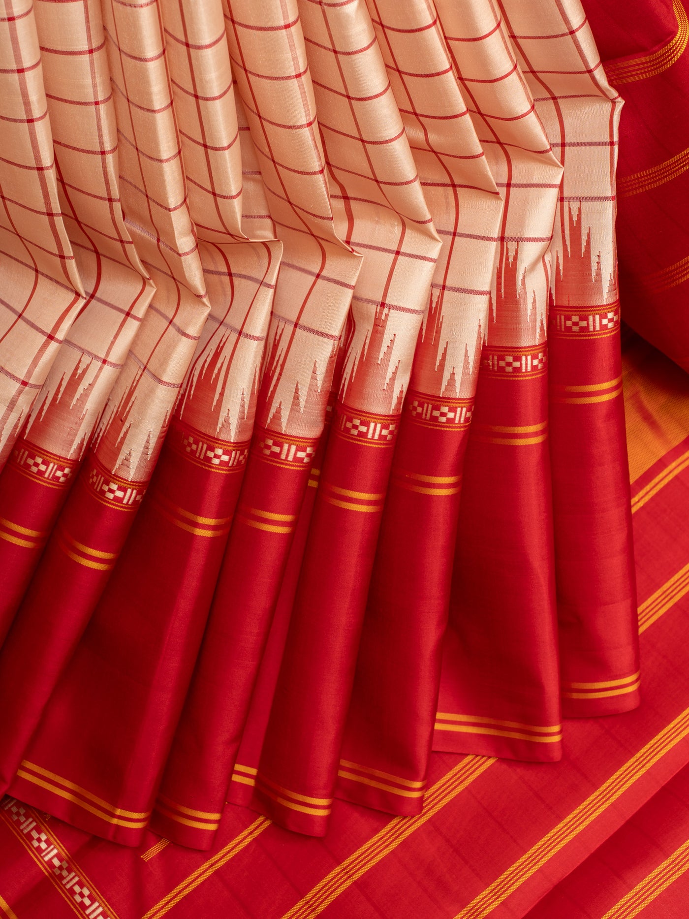 Cream and red checks without zari pure Kanchipuram silk saree