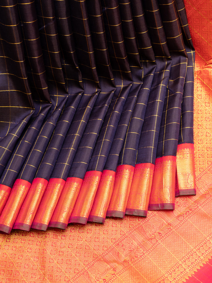 Navy Blue and Peach Pure Kanchipuram Silk Saree